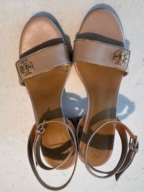 Tory Burch Nude Leather Ankle-Strap Sandals with Gold Logo